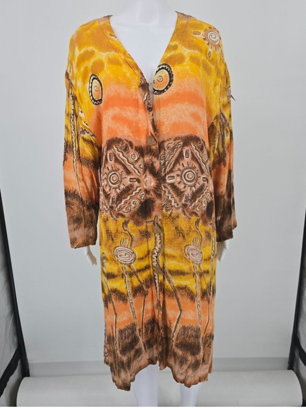 Vintage 1990s Gunit Fashions New York Rayon Open-Front Caftan Midi Dress (L)